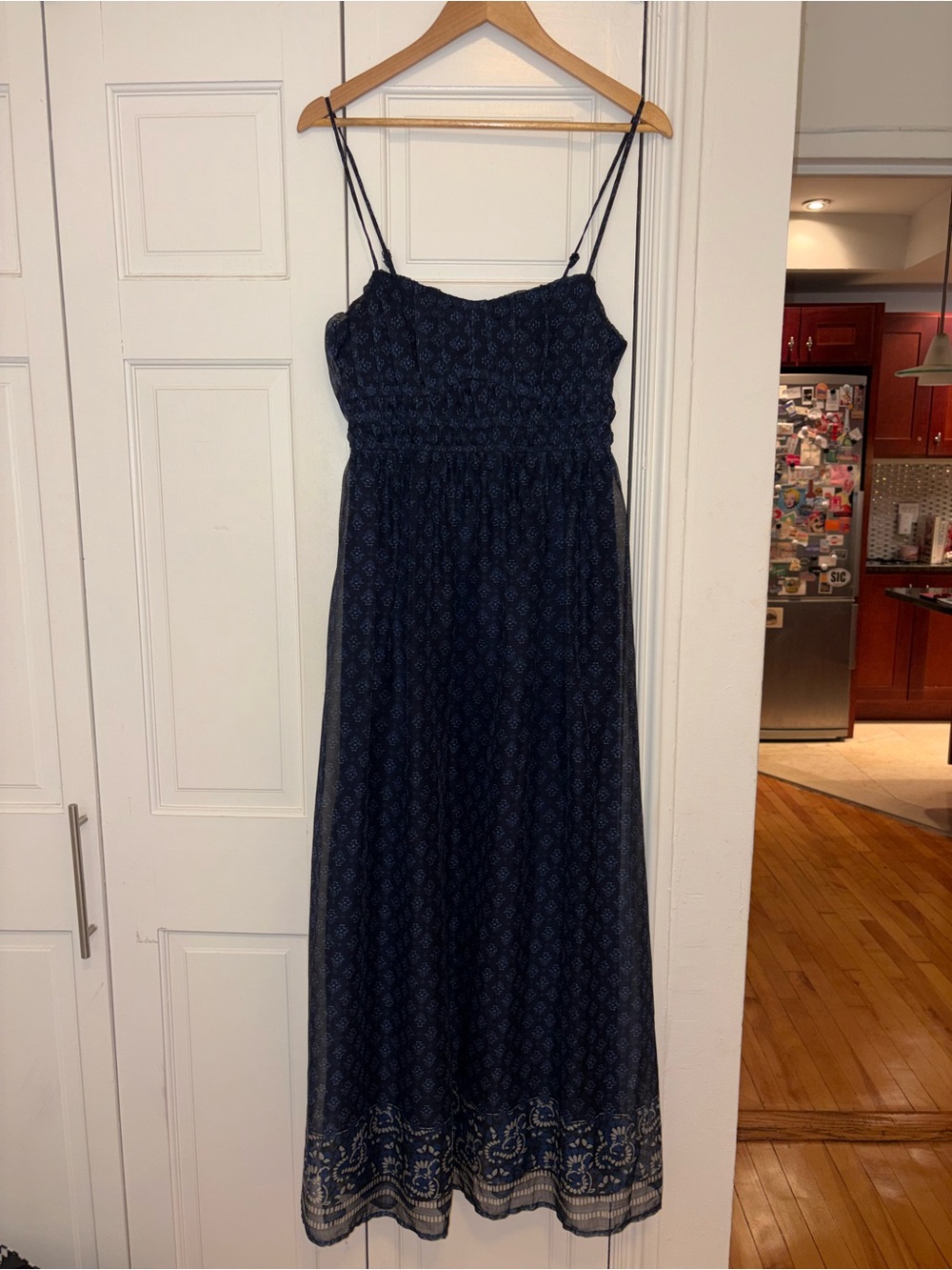 Aqua Navy Patterned Spaghetti Strap Maxi Dress